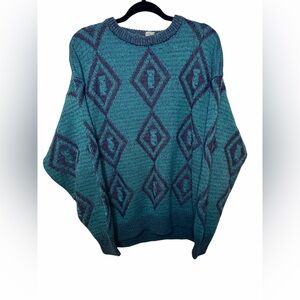Harry Rosen Made in Italy Teal Geometric Wool Knit Sweater L/XL